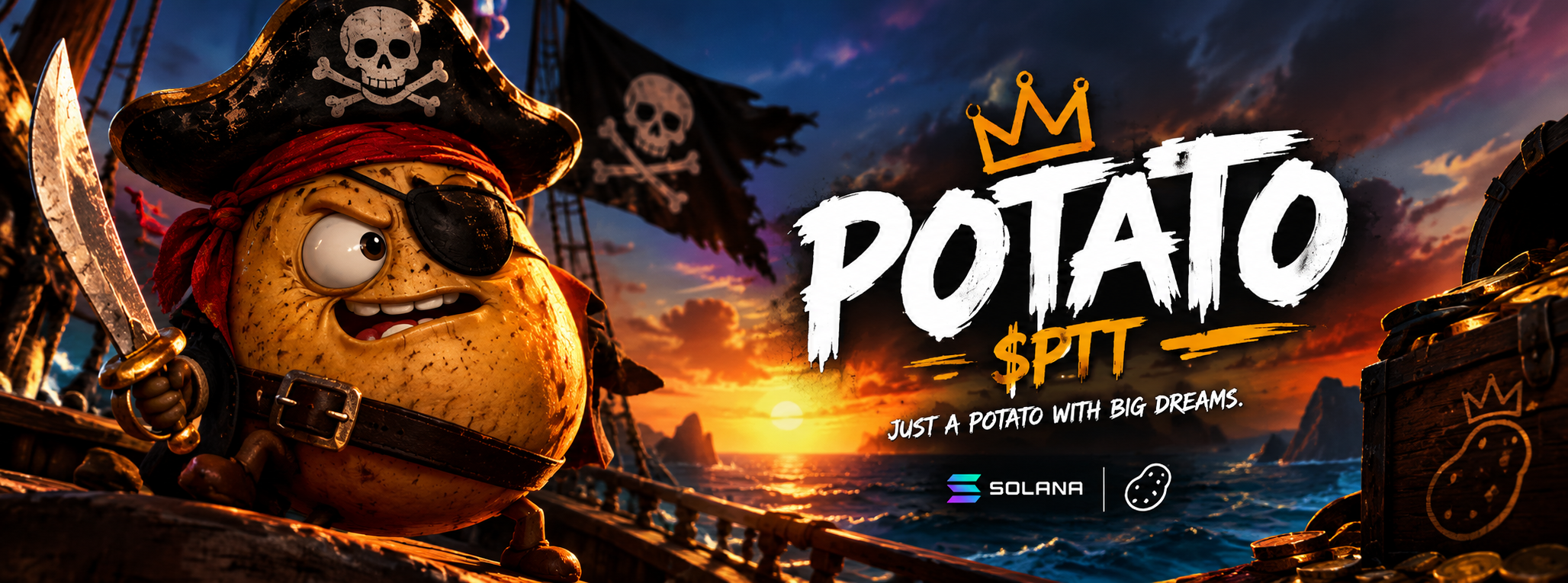 POTATO pirate mascot on a ship at sunset